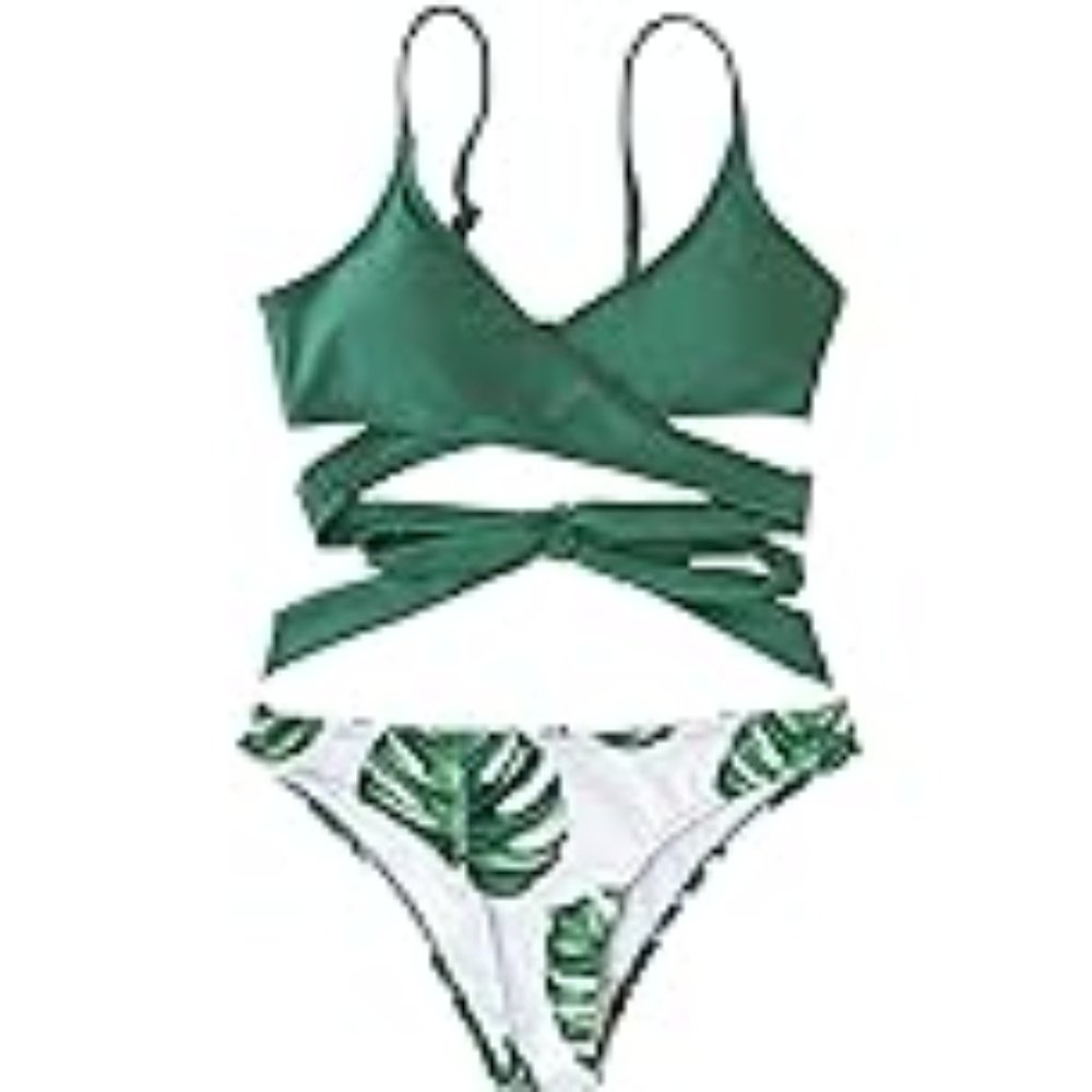 Green Two-Piece Bikini Set with V-Neck and Tie at the Back for Women Size XL